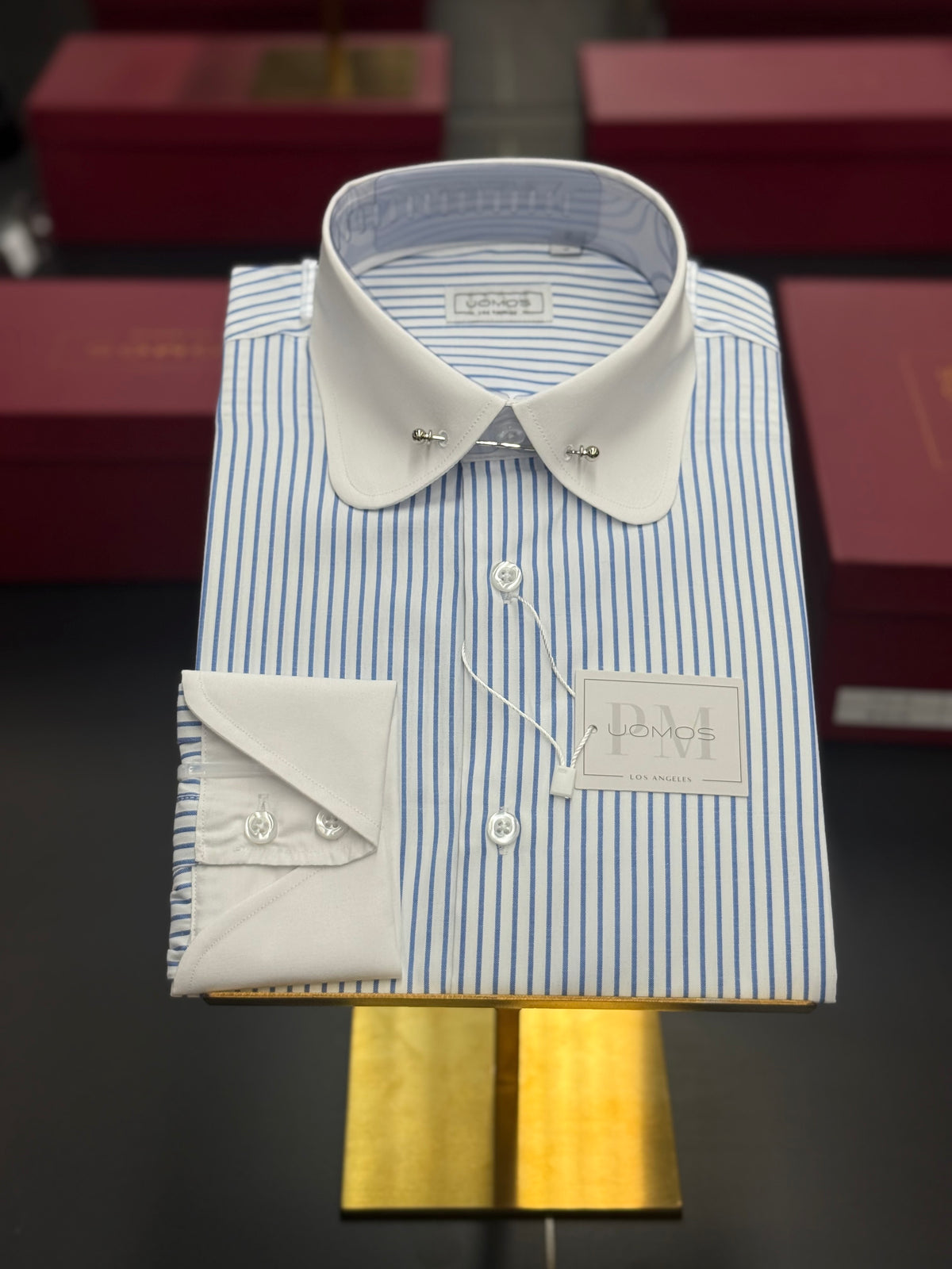 White & Blue Stripe Club Pin Collar Shirt with Neapolitan Cuffs