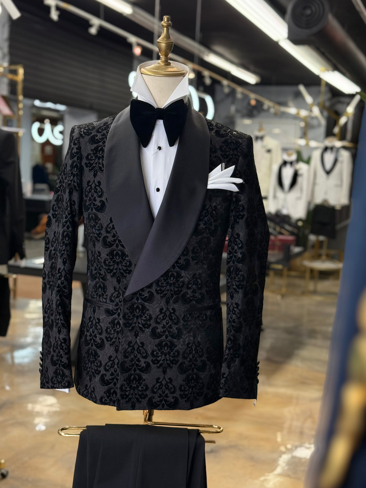 Black Damask Jacquard Tuxedo with Satin Shawl Lapel