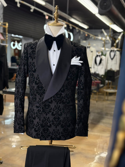 Black Damask Jacquard Tuxedo with Satin Shawl Lapel