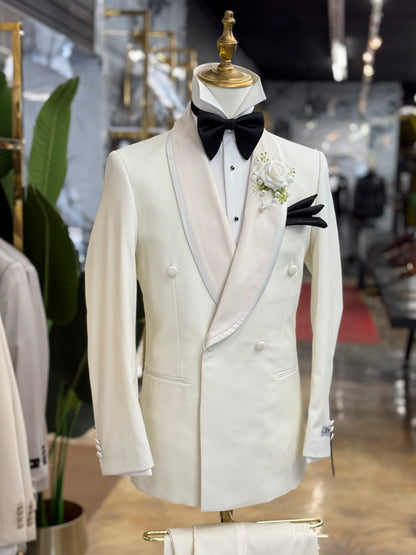Ivory White Modern Fit Tuxedo Double Breasted Shawl Lapel