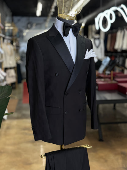 Black Peak Lapel Tone-on-Tone Stripe Double-Breasted Tuxedo