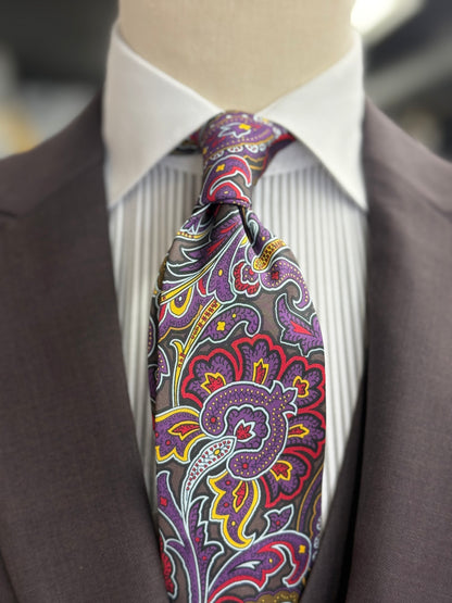 Necktie Bold Paisley Purple pattern with charcoal, red, gold, and ivory