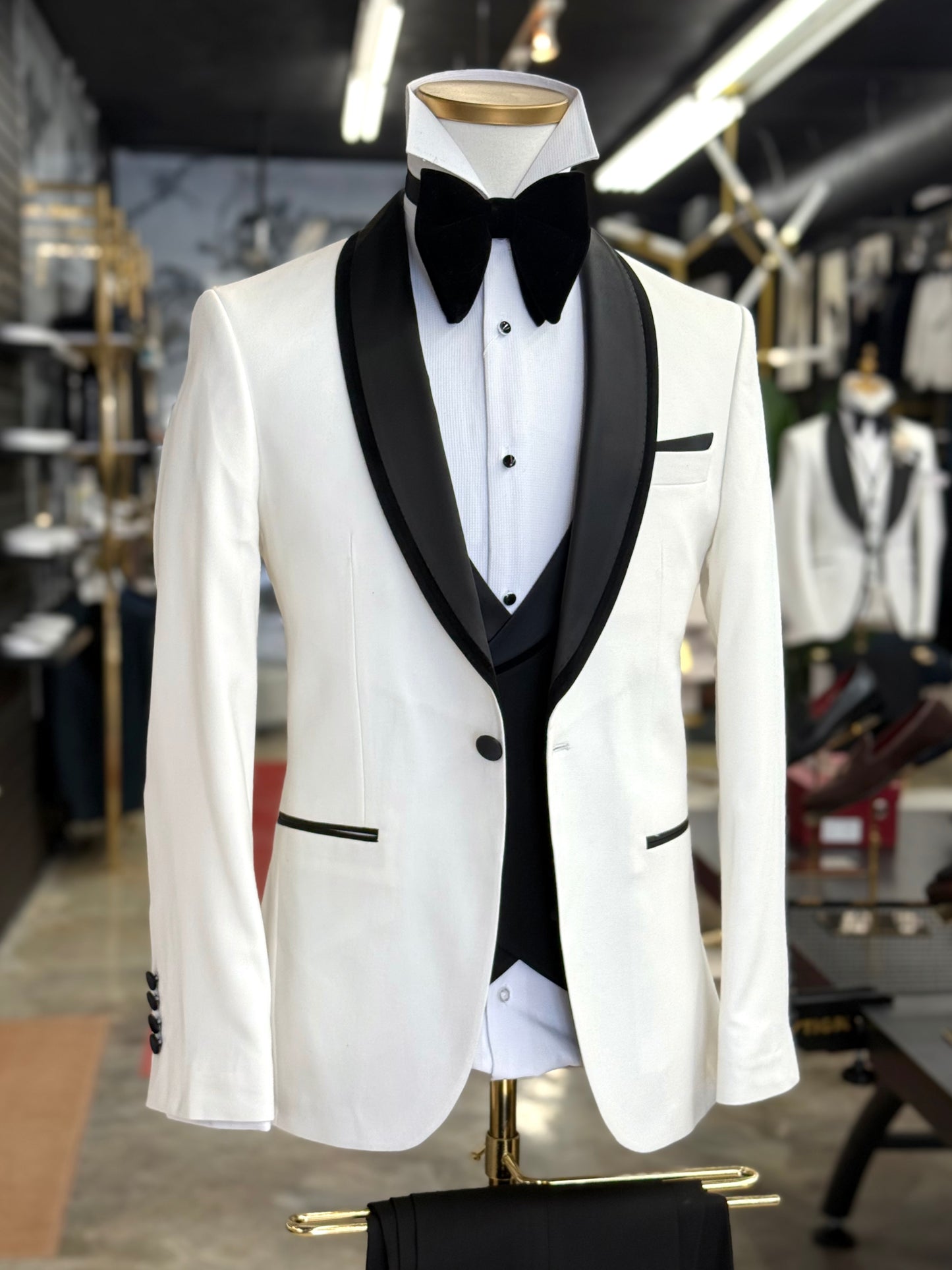 Off White Birdseye Velvet Trim Shawl Tuxedo