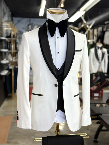 Off White Birdseye Velvet Trim Shawl Tuxedo