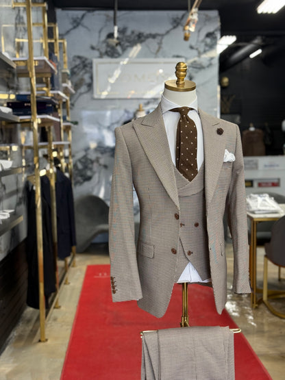 Chocolate & Beige Micro Houndstooth Wide Peak Lapel Suit