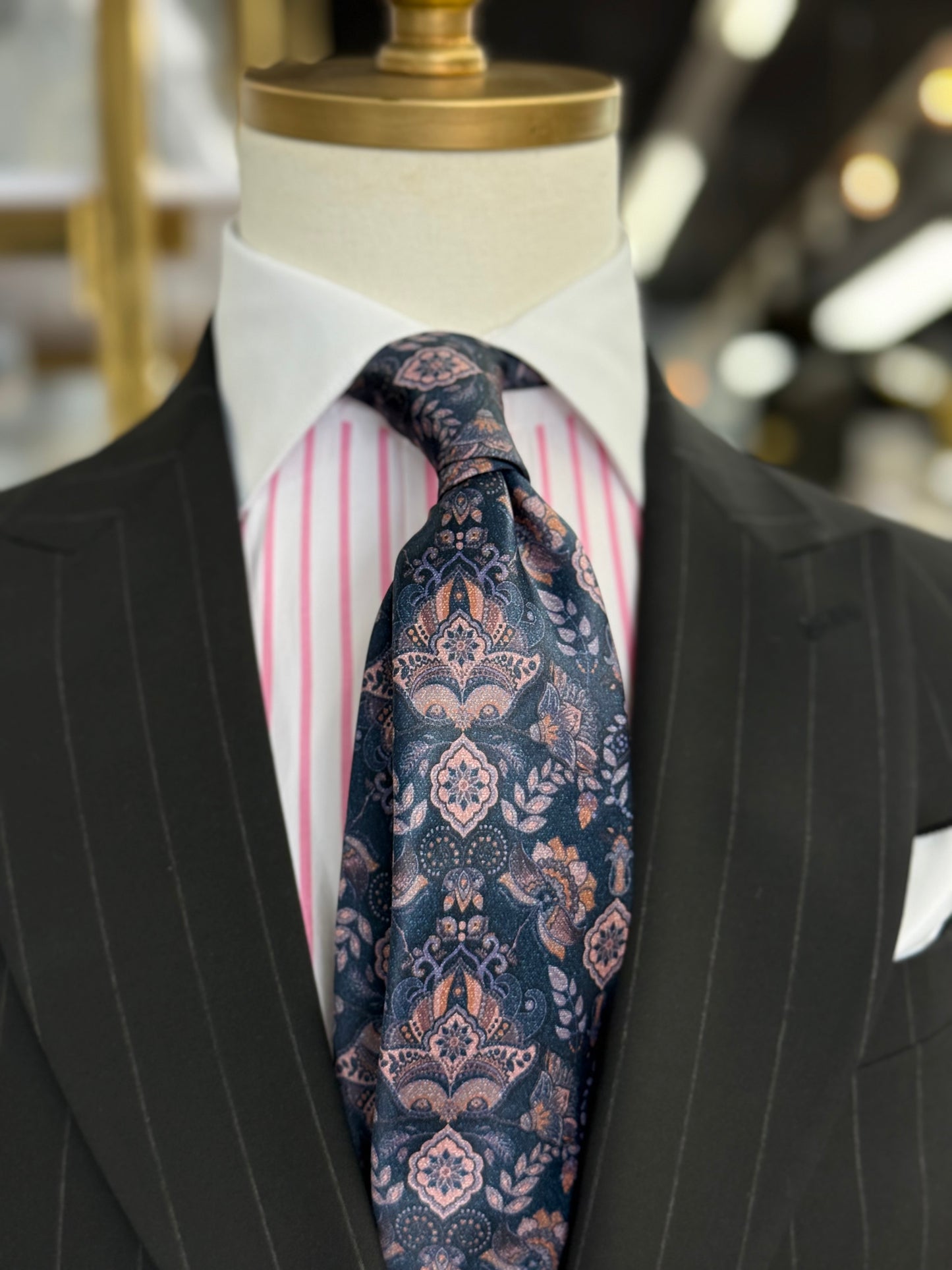 Necktie Floral Damascus Mid Night Blue Pink & Rust