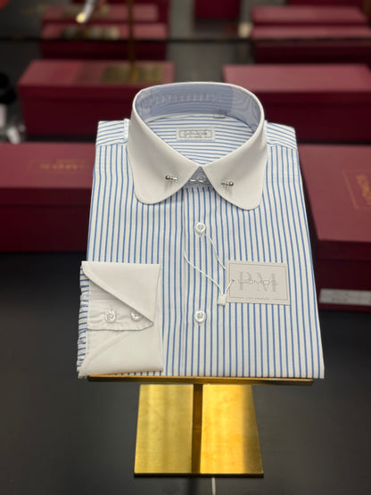 White & Blue Stripe Club Pin Collar Shirt with Neapolitan Cuffs