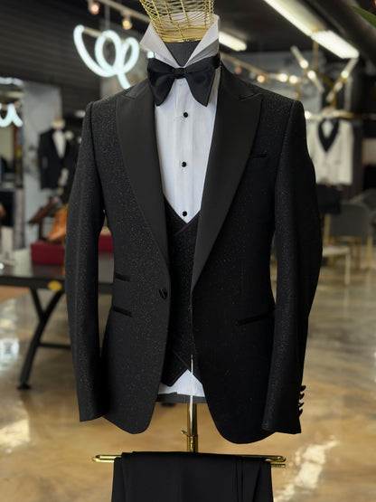 Black Glitter Peak Lapel Tuxedo – Luxury 3 Piece