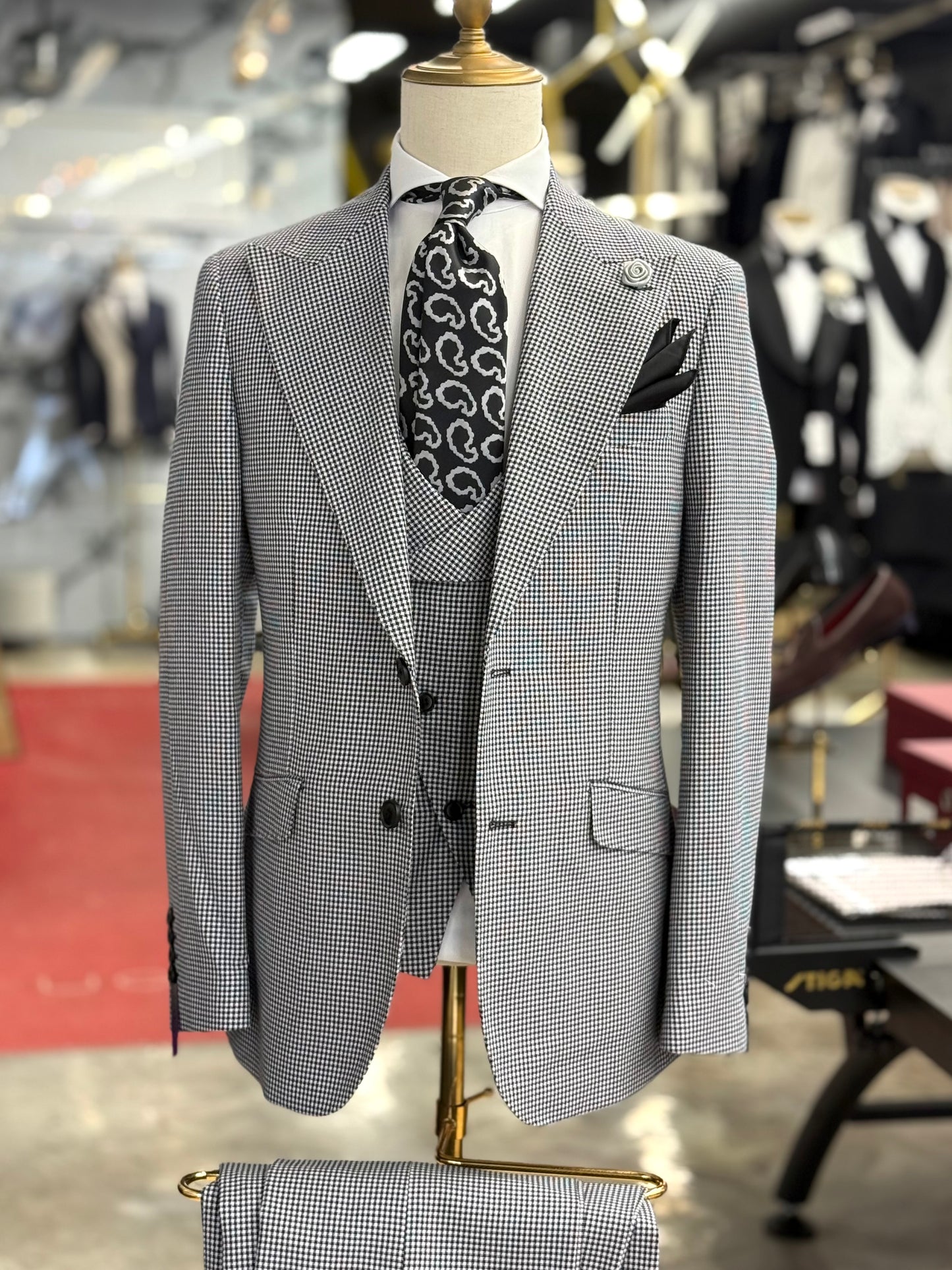 Black & White Micro Houndstooth Wide Peak Lapel Suit