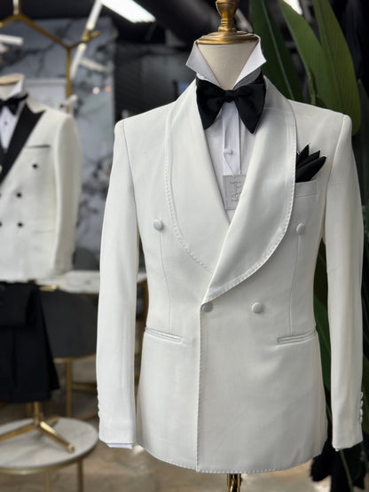 Off White Shawl Lapel Tuxedo Double Breasted