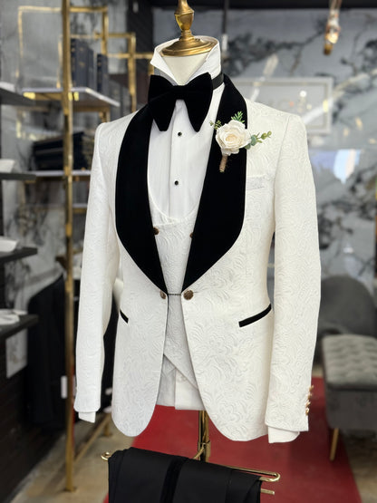 White Jacquard Jacket Black Velvet Shawl Lapel Tuxedo