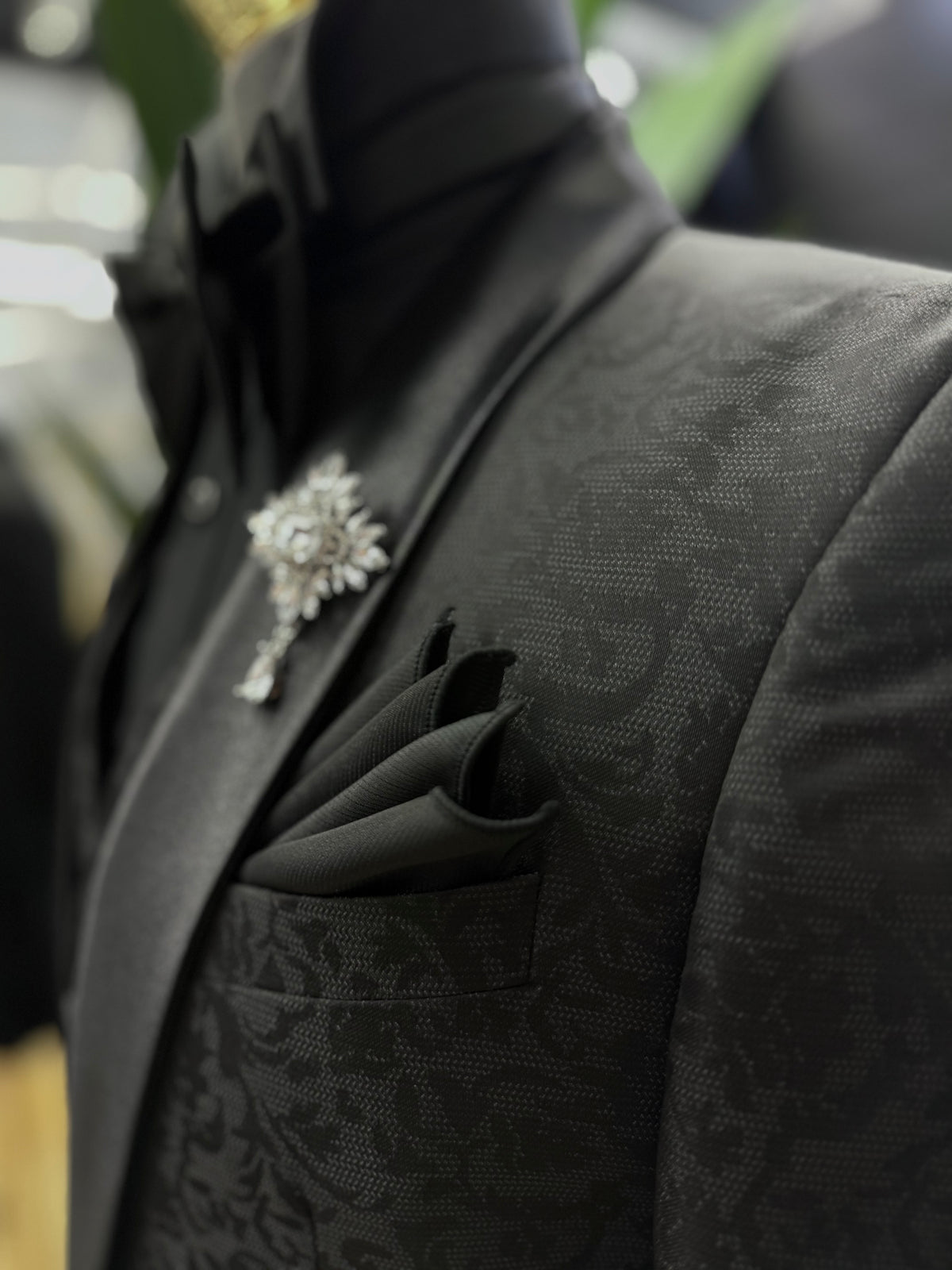 Black on Black Tonal Floral Shawl Lapel Black Tuxedo