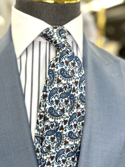 Necktie Mid Paisley White, Blue and Brown
