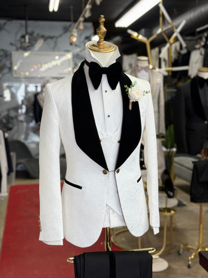 White Jacquard Jacket Black Velvet Shawl Lapel Tuxedo