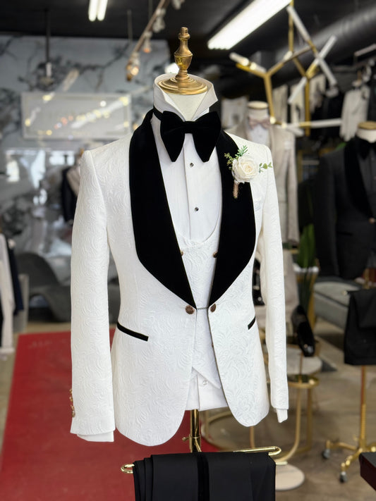 White Jacquard Jacket Black Velvet Shawl Lapel Tuxedo
