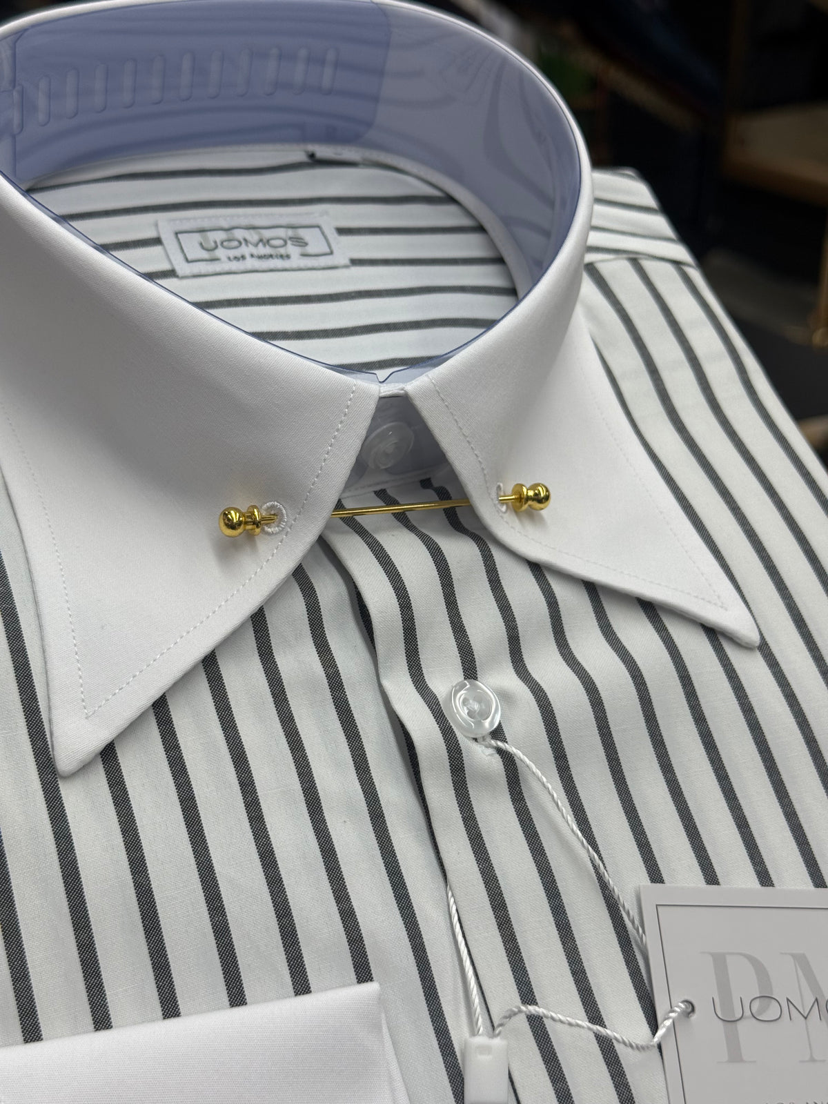 White & Black Stripe Point Pin Collar Shirt with Neapolitan Cuffs