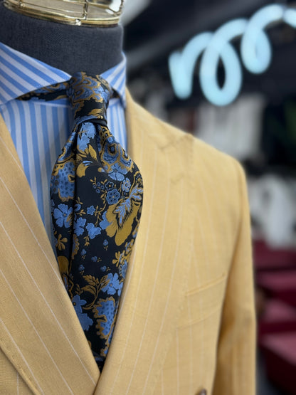 Mustard Pinstripe Double-Breasted Suit 100% Linen