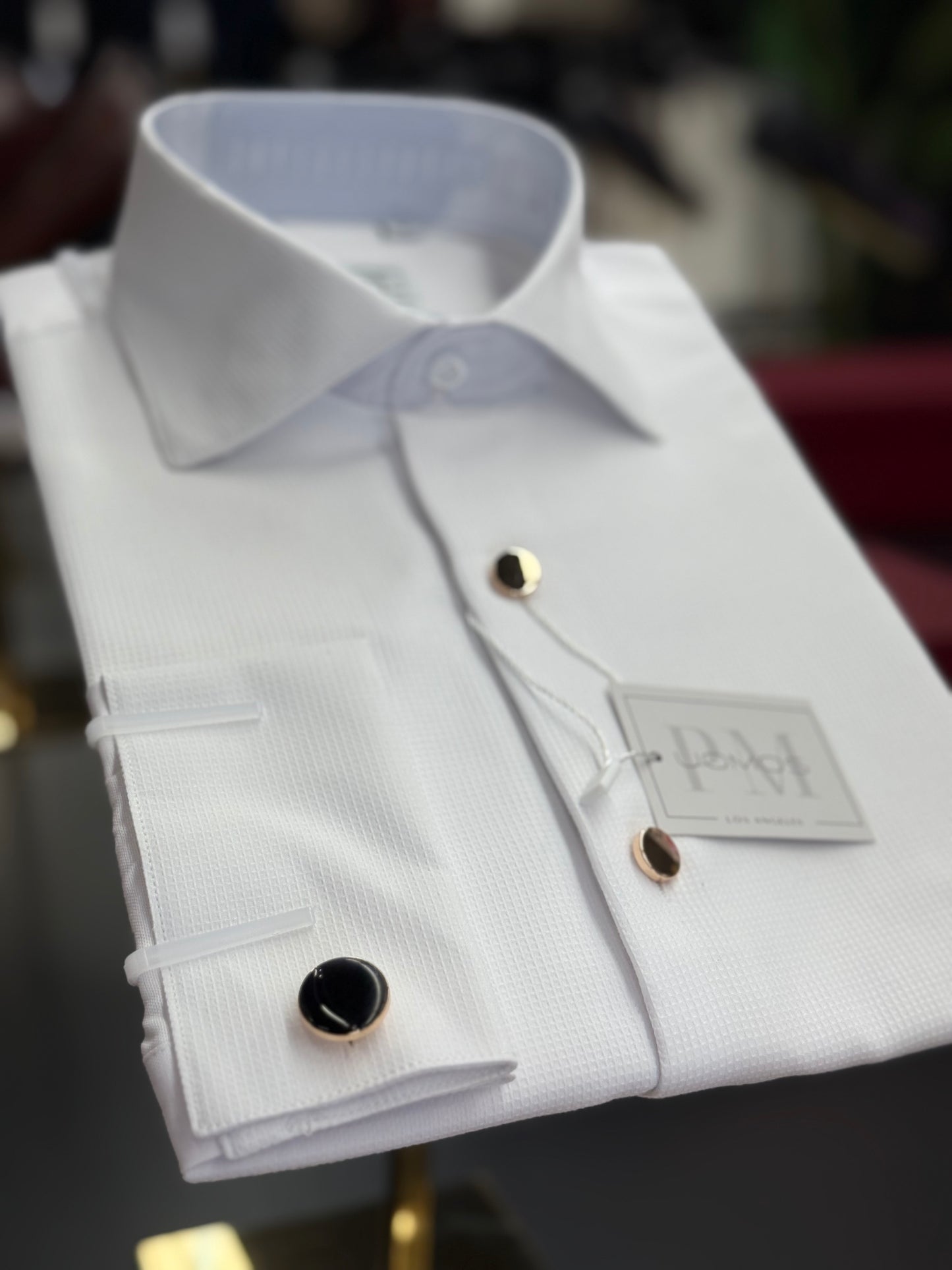 White Cotton Piqué Tuxedo Shirt with Gold Buttons