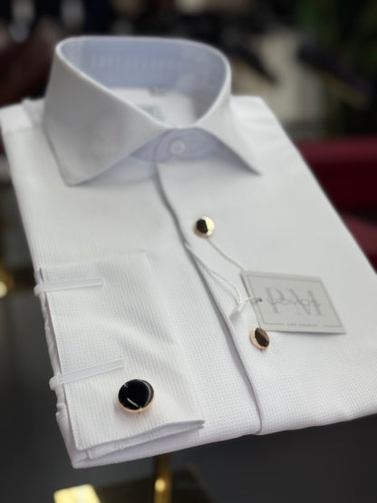 White Cotton Piqué Tuxedo Shirt with Gold Buttons
