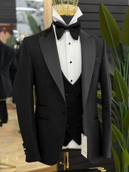 Black Glitter Peak Lapel Tuxedo – Luxury 3 Piece