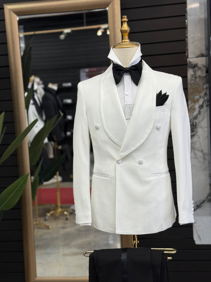 Off White Shawl Lapel Tuxedo Double Breasted
