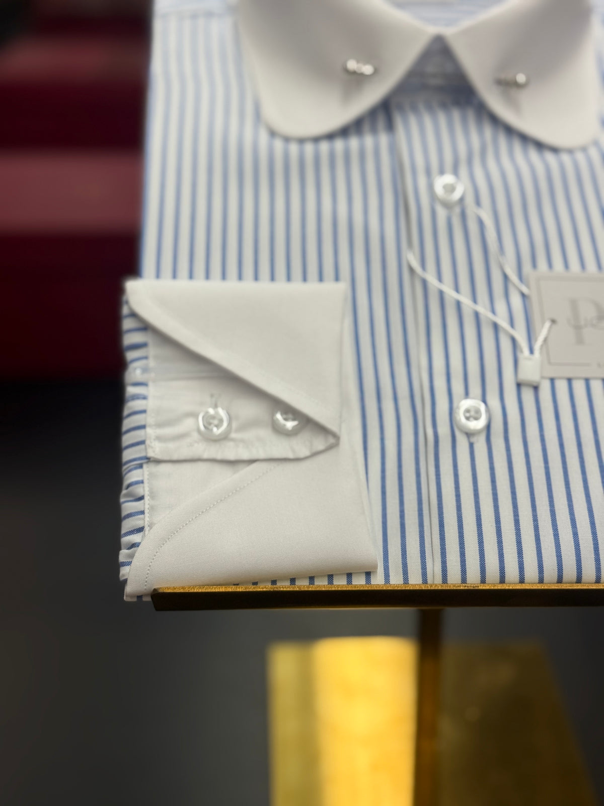 White & Blue Stripe Club Pin Collar Shirt with Neapolitan Cuffs