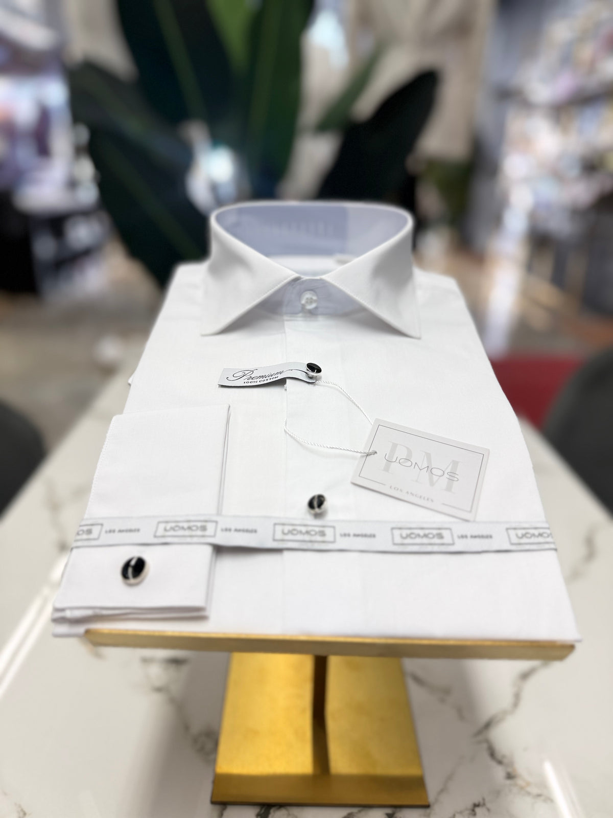 Tuxedo 100% Cotton White shirt, tuxedo buttons, spread collar, french cuffs.