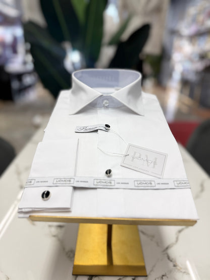 Tuxedo 100% Cotton White shirt, tuxedo buttons, spread collar, french cuffs.