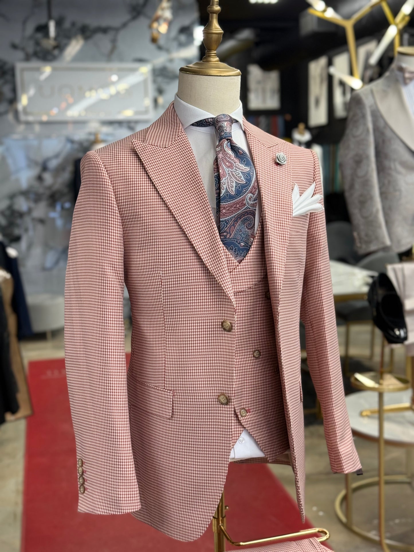 Vermilion Red Micro Houndstooth Wide Peak Lapel Suit