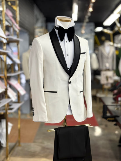 Off White Birdseye Velvet Trim Shawl Tuxedo