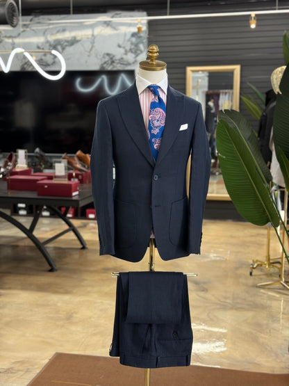 Navy Linen Two Pieces Wide Peak Lapel Suit