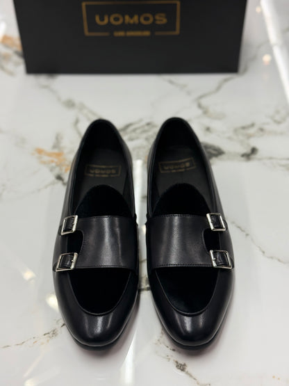 Uomos Black Leather double monk velvet loafers