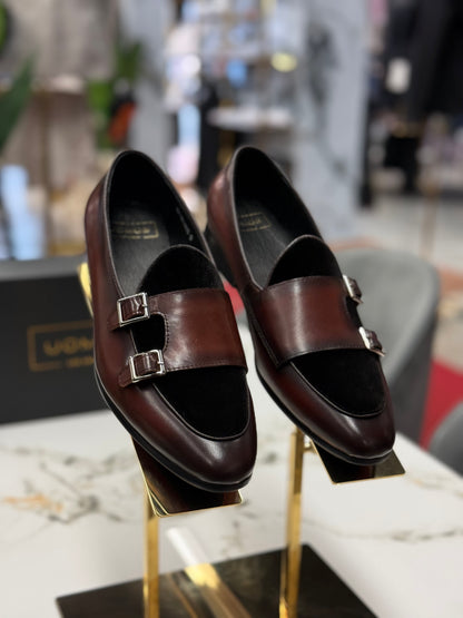 Uomos Brown Bordeaux Leather double monk velvet loafers