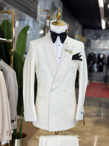 Ivory White Modern Fit Tuxedo Double Breasted Shawl Lapel