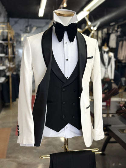 Off White Birdseye Velvet Trim Shawl Tuxedo