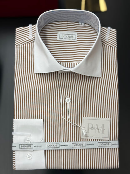 Brown Stripe Contrast White Collar Shirt