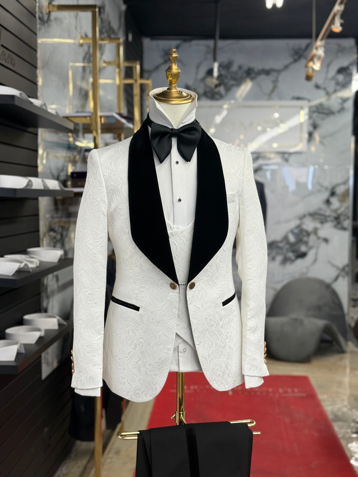 White Jacquard Jacket Black Velvet Shawl Lapel Tuxedo