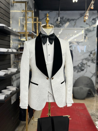 White Jacquard Jacket Black Velvet Shawl Lapel Tuxedo