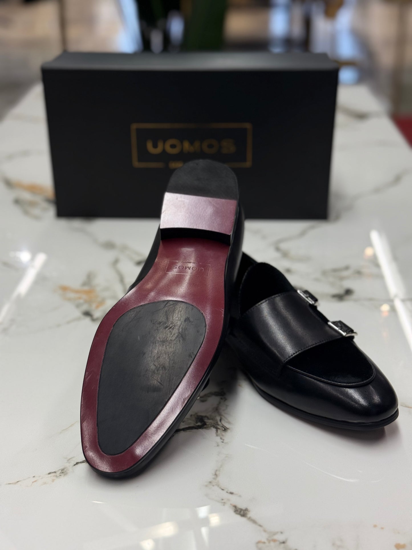 Uomos Black Leather double monk velvet loafers