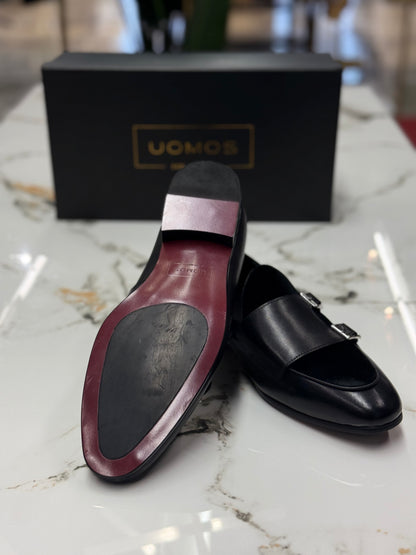 Uomos Black Leather double monk velvet loafers