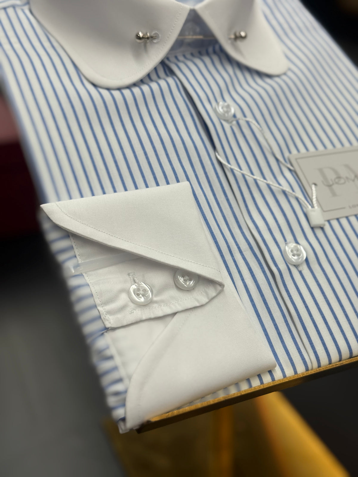 White & Blue Stripe Club Pin Collar Shirt with Neapolitan Cuffs