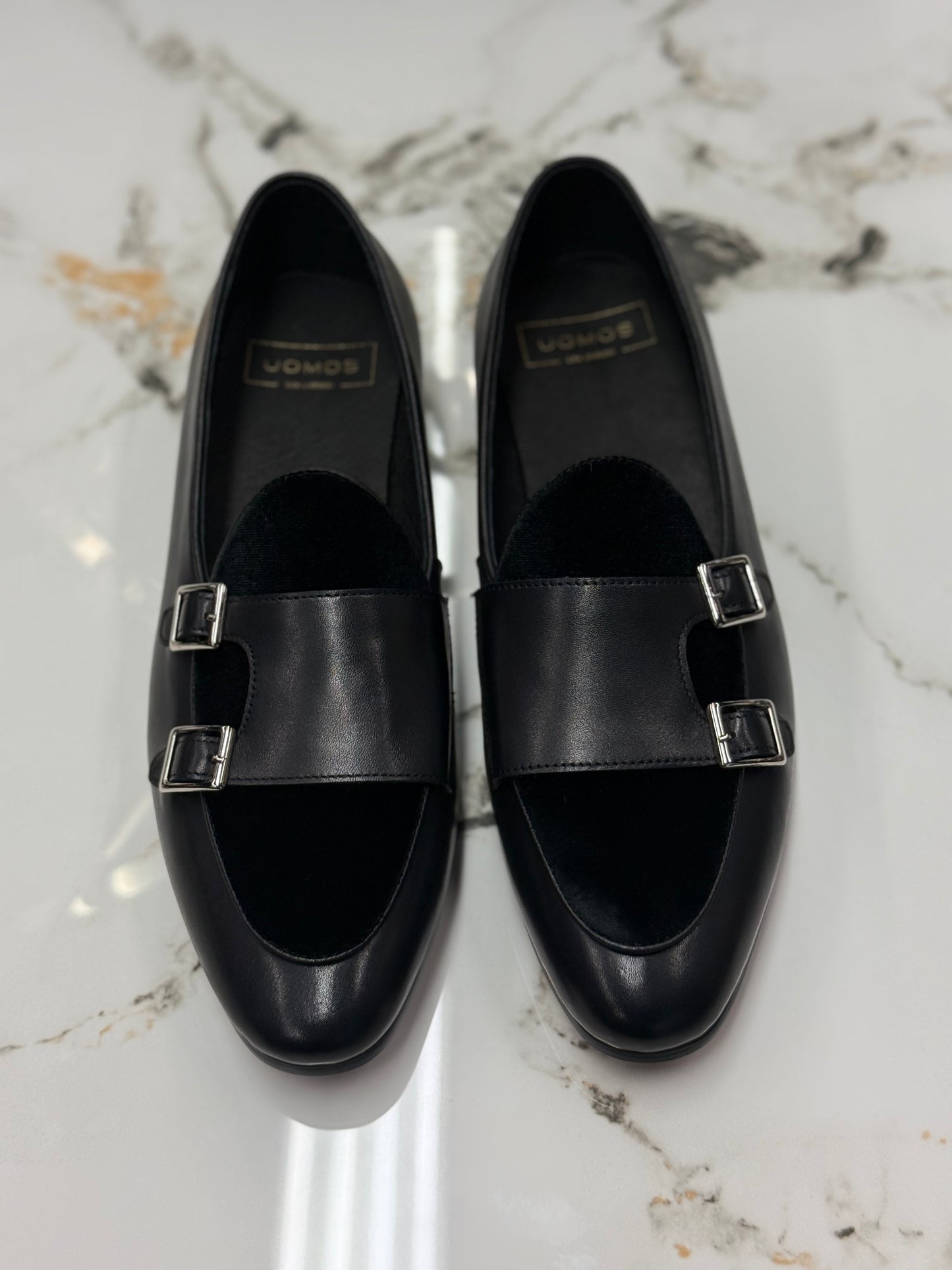 Uomos Black Leather double monk velvet loafers