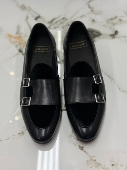 Uomos Black Leather double monk velvet loafers