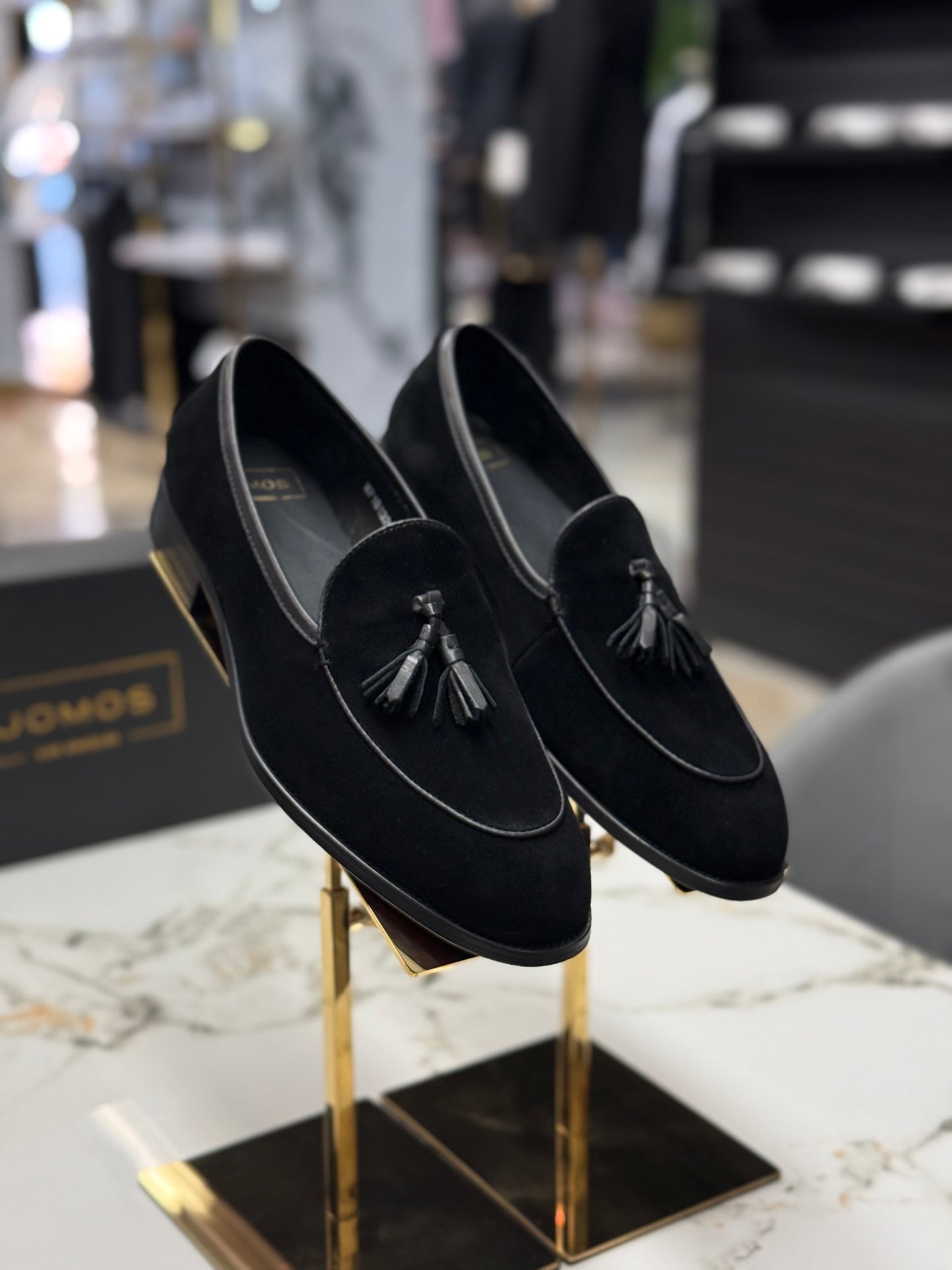 UOMOS Black blue suede tassel loafers