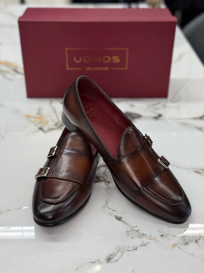 UOMOS brown leather double monk loafers