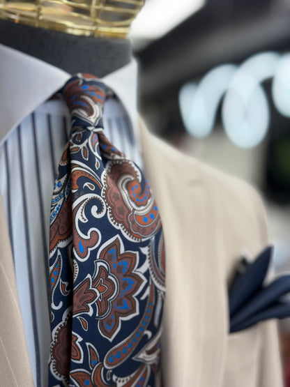 Necktie Big Paisley Mid night blue, Rust and Tan