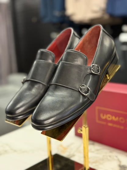 UOMOS black leather double monk loafers