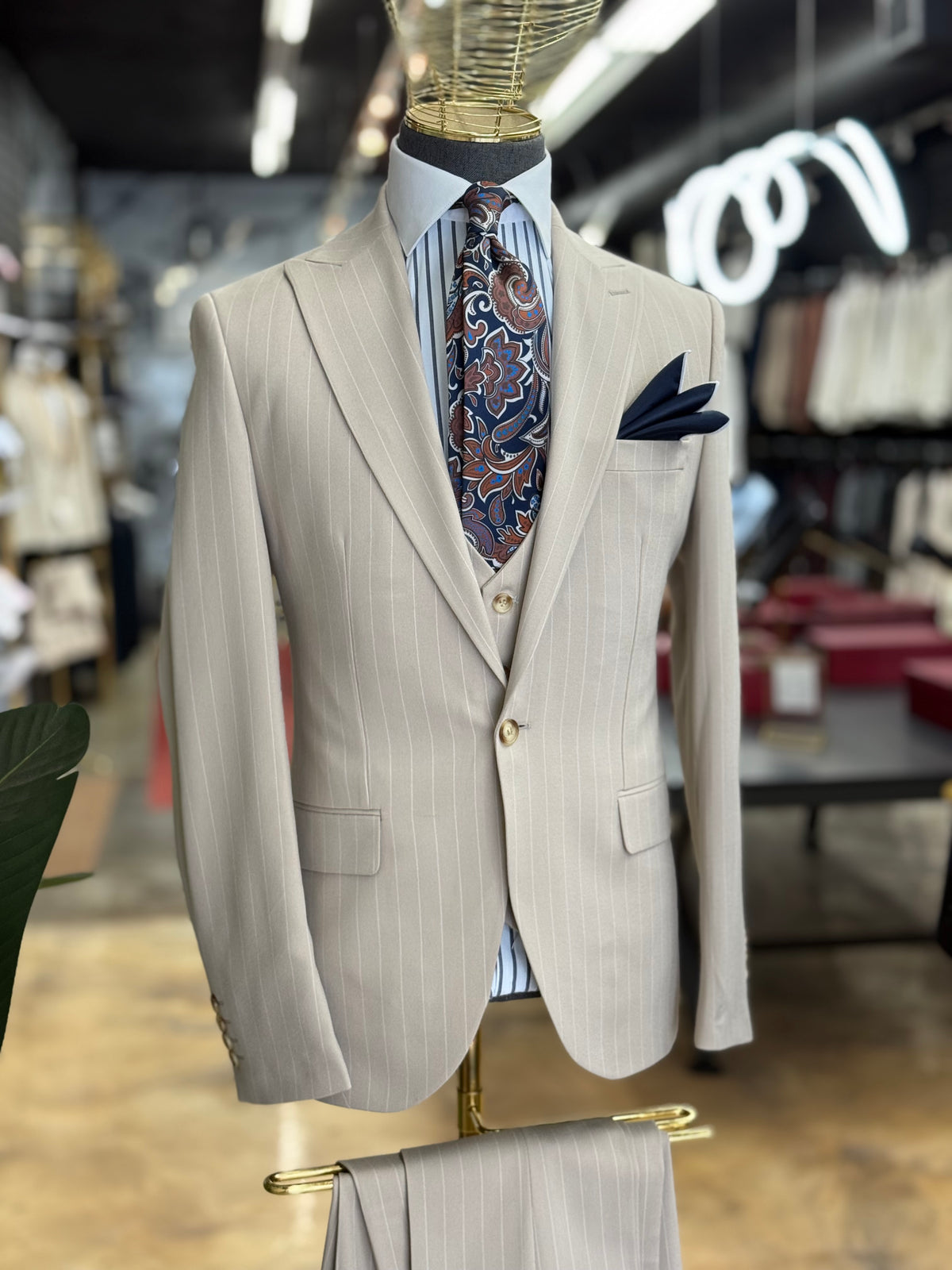 Light Beige Pinstripe Euro Suit