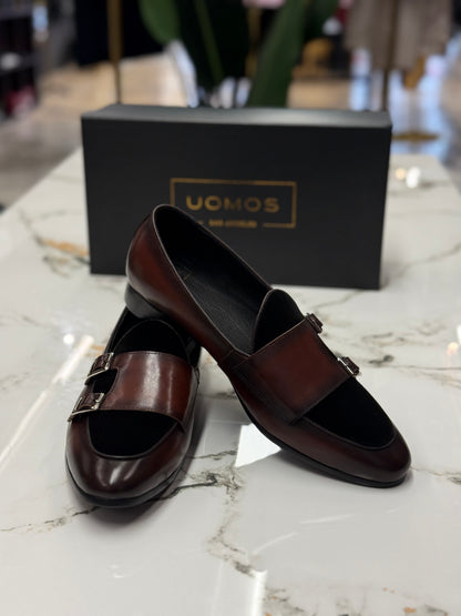 Uomos Brown Bordeaux Leather double monk velvet loafers