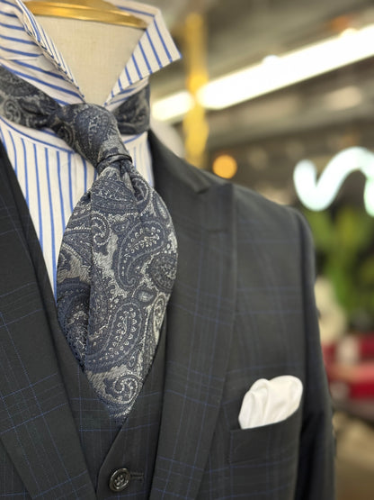 Necktie Big Paisley Silver Deep Grey & Navy Blue
